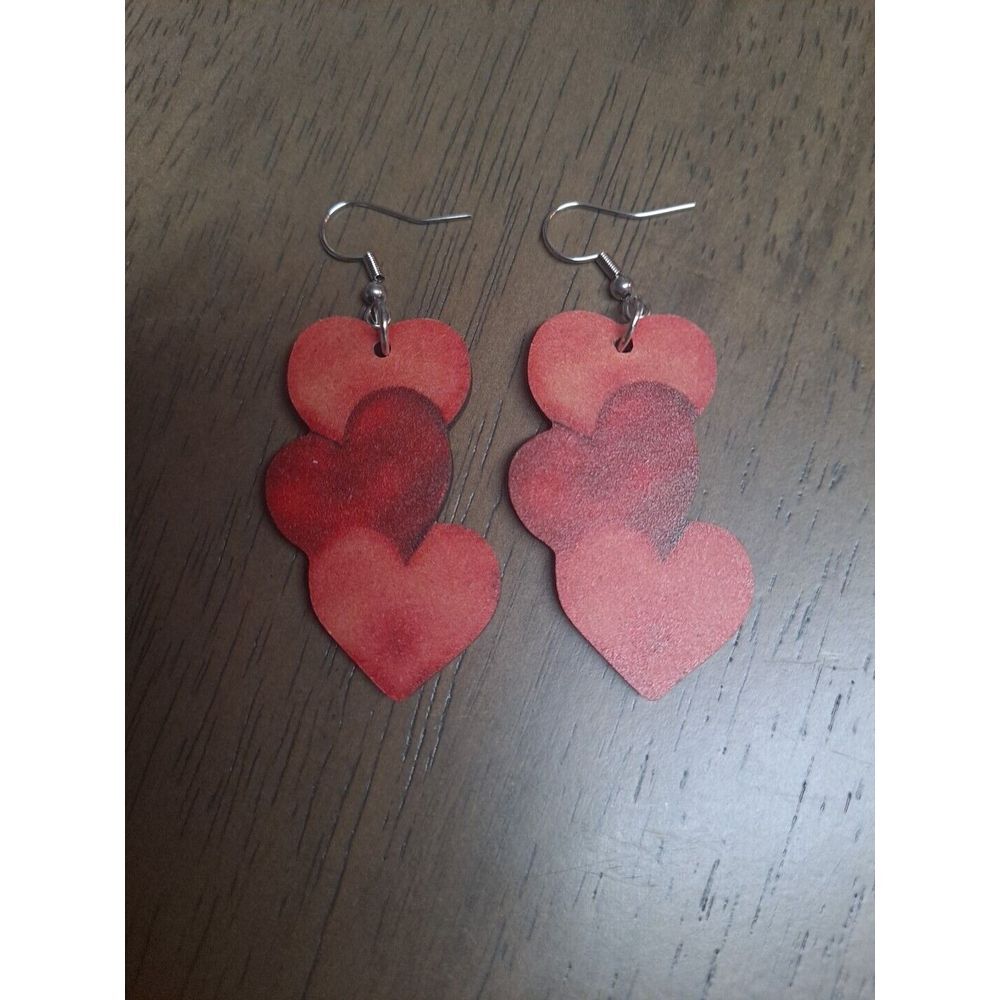 New Three Red Hearts‎ 2 Inch Dangling Drop Wooden Earring Valentines